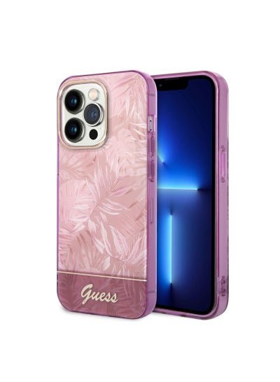 GUESS iPhone 14 Pro Back Cover with Double Layer Camera Outline and Printed Classic Pattern, Scratch Proof, Non Fading, Slim Case Compatible With iPhone 14 Pro 6.1 Inches – Pink