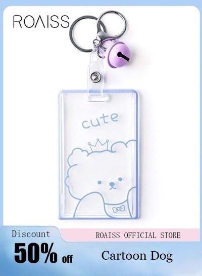 roaiss 1 Pcs Cute Cartoon Dog Graphic ID Card Cover Transparent Acrylic with Sweet Small Bell Keychain Meal/Door/Work Card Protection for Students Kids Girls Boys Clear