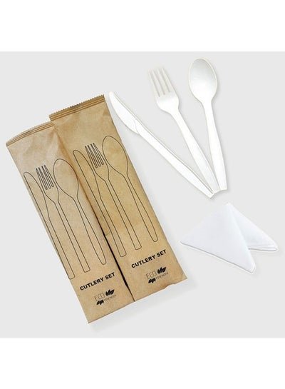 SNH PACKing Disposable PLA White Cutlery Set Natural, Eco-Friendly Bamboo Utensils Forks, Spoons and Knives With Napkin – 20 Pieces