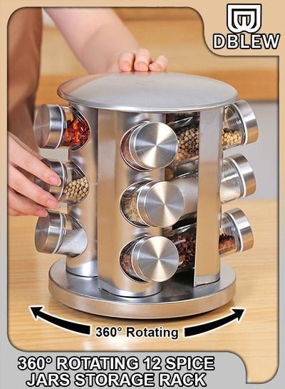 DBLEW 360 Degree 3 Tier Revolving Spice Rack Organizer Set Seasoning Pots Kit 12 Transparent Carousels Jars Containers With Stainless Steel Rotatable Layer Storage Rack Stand For Home Kitchen
