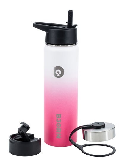 Bjorn Bjorn Sports Water Bottle – 3 Lids, Leak Proof, Vacuum Insulated Stainless Steel, Thermo Mug for Fitness, Gym, Exercise, Camping, Office – Unicorn Pink 650ml