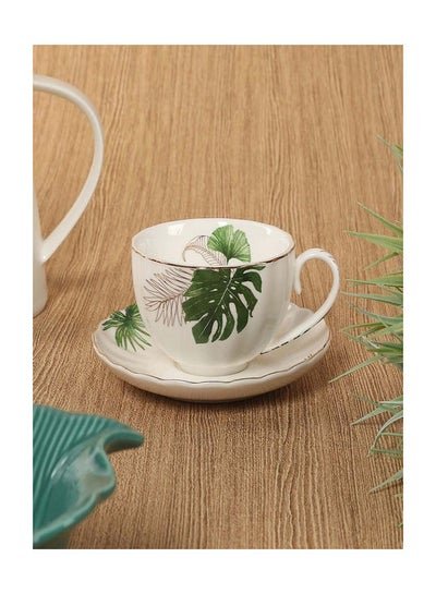 homes r us Exotique Porcelain Teacup & Saucer, White & Green – 200 ml