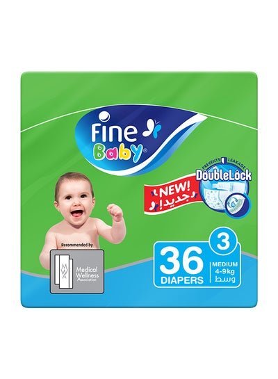 Fine Baby Baby Diapers, Size 3, 4 – 9 Kg, 36 Count – Medium, Double Lock Technology Prevents Leakage