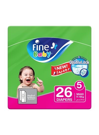 Fine Baby Baby Diapers, Size 5, 11 – 18 Kg, 26 Count – Maxi, Double Lock Technology Prevents Leakage