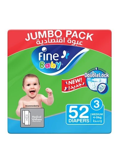 Fine Baby Baby Diapers, Size 3, 4 – 9 Kg, 52 Count – Medium, Jumbo Pack, Double Lock Technology Prevents Leakage