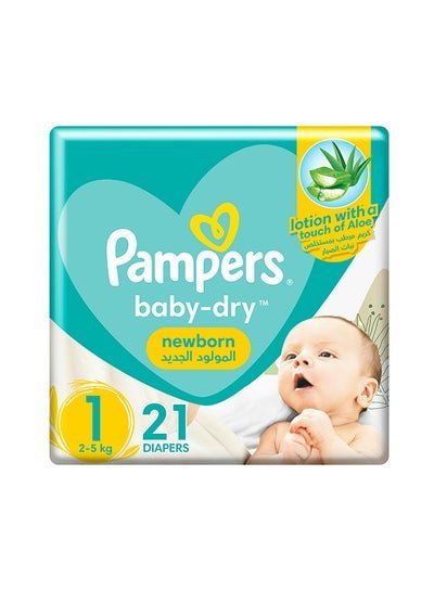 Pampers Baby Dry Diapers, Newborn, Size 1, 2 – 5 Kg, 21 Count – Touch Of Aloe Vera Lotion