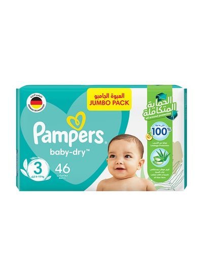 Pampers Baby Dry Diapers, Size 3, 6 – 10 Kg, 46 Count – Jumbo Pack, Touch Of Aloe Vera Lotion, All Around Protection