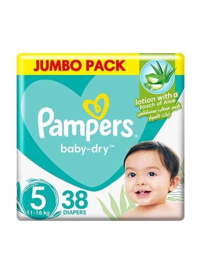 Pampers Baby Dry Diapers, Size 5, 11 – 16 Kg, 38 Count – Jumbo Pack, Touch Of Aloe Vera Lotion, All Around Protection
