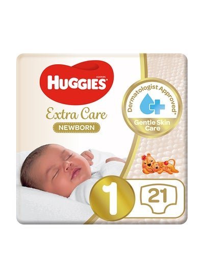 HUGGIES Extra Care Baby Diapers Newborn Size 1 Upto 5 Kg 21 Count -Dermatologist Approved Gentle Skin Care