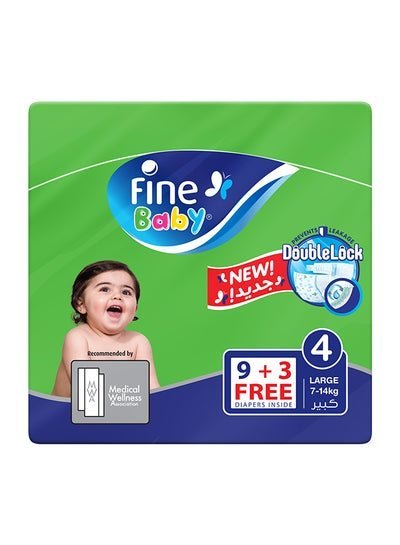 Fine Baby Baby Diapers, Size 4 (Large), 7 – 14 Kg, 12 (9 + 3 Free) Count, Double Lock Technology Prevents Leakage