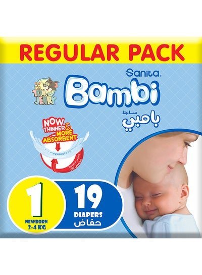 Sanita Bambi Baby Diapers, Size 1, 2 – 4 Kg, 19 Count – Newborn, Regular Pack, Now Thinner And More Absorbent