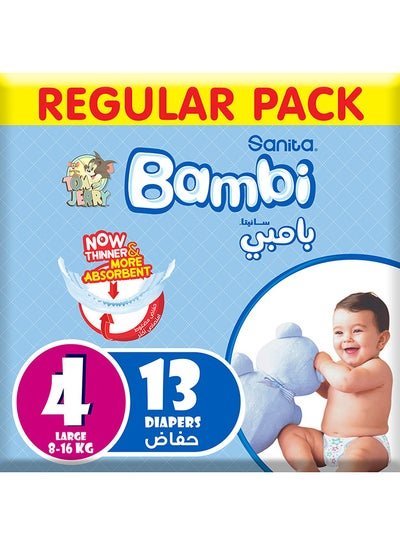 Sanita Bambi Baby Diapers, Size 4, 8 – 16 Kg, 13 Count – Large, Regular Pack, Now Thinner And More Absorbent