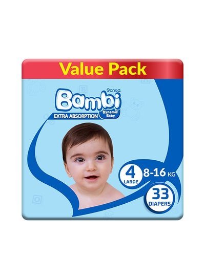 Sanita Bambi Baby Diapers, Size 4, 8 – 16 Kg, 33 Count – Large, Value Pack, Now Thinner And More Absorbent