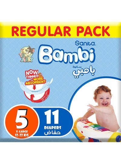 Sanita Bambi Baby Diapers, Size 5, 12 – 22 Kg, 11 Count – X Large, Regular Pack, Now Thinner And More Absorbent