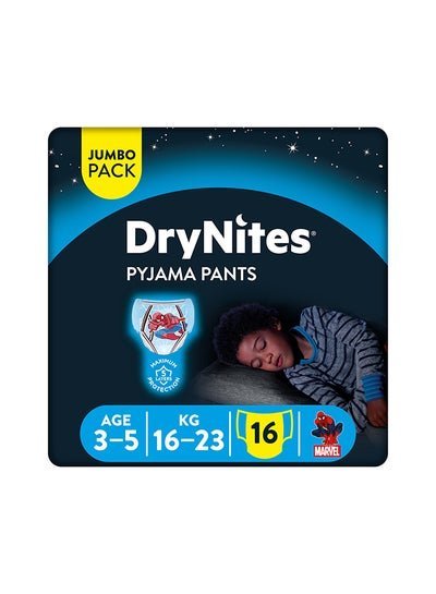 HUGGIES Dry Nites Pyjama Pants for Boys, 16 – 23 Kg, 3 – 5 Years, 16 Count – Jumbo Pack, Maximum 5 Layer Protection, Marvel