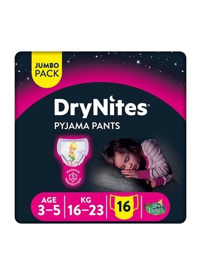 HUGGIES Dry Nites Pyjama Pants for Girls, 16 – 23 Kg, 3 – 5 Years, 16 Count – Jumbo Pack, Maximum 5 Layer Protection, Disney Fairies