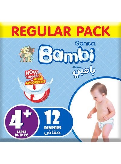 Sanita Bambi Baby Diapers, Size 4+, 10 – 18 Kg, 12 Count – Large, Regular Pack, Now Thinner And More Absorbent