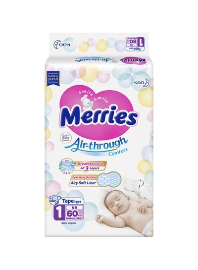 Merries Air Through Comfort Baby Diapers Tape Jumbo Pack, Size 1, 5kg, Newborn, 60 Diaper