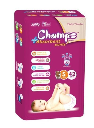 CHAMPS High Absorbent Diaper Pants, Small, 4 To 8 kg, [Pack of 42]
