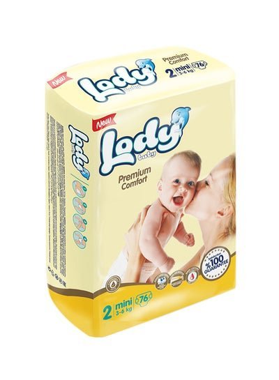 Lody baby Premium Comfort Diapers, Mini Pack, Size 2, 3-6 Kg, 76 Count