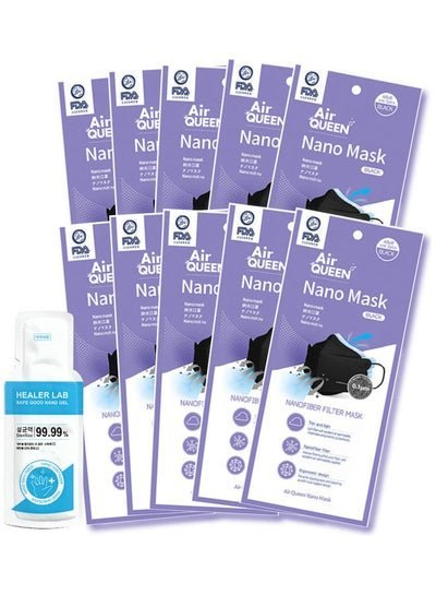 Air QUEEN 10-Pack Nano Filter Face Mask With One Time Use Hand Sanitizer Black