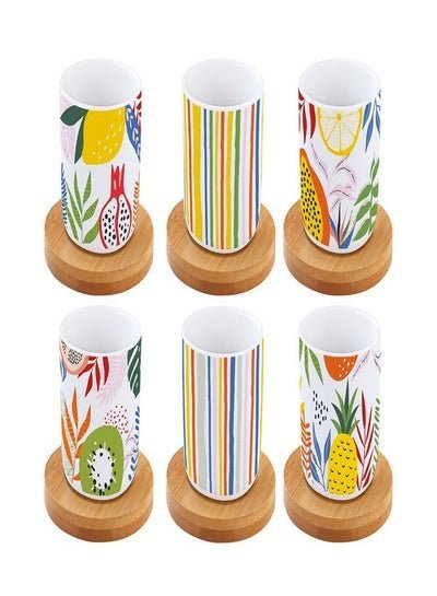 homes r us Coffee Mania Tutti Frutti Cup & Bamboo Saucer, Multicolour – Set of 6