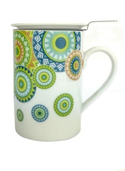 Tealand Microwave Safe Fine Porcelain Green Wheel Design Mug with Lid And infuser for Loose Leaf Tea (0.375L)  3pc