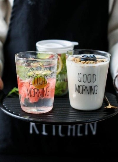 1Chase Borosilicate Good Morning Printed Glass Cup for Juice Tea Coffee and  for everyday use 400 ML  Set of 2