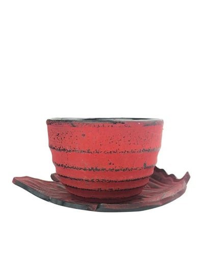 Tealand Durable Corrosion Resistant Cast Iron Tea Cups & Leaf Saucer With Enameled  Coated Interior For Homes or Restaurants Red
