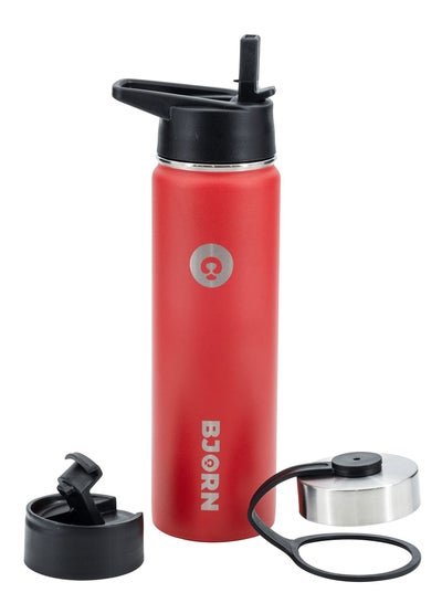 Bjorn Bjorn Sports Water Bottle – 3 Lids, Leak Proof, Vacuum Insulated Stainless Steel, Double Walled, Thermo Mug, Metal Canteen for Fitness, Gym, Exercise, Camping, Office – Chilli Red 650ml