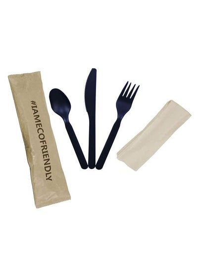 SNH PACKing PLA Black Cutlery Set Forks Spoons and Knives With Napkin Natural Eco Friendly Bamboo Utensils Pack of 100 Pieces