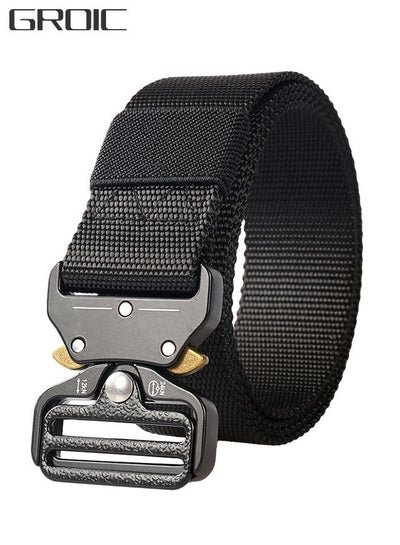 GROIC Traing Tactical Belt Military Style Girdle Utility for Men Waistband Nylon Webbing Band with V-Ring Heavy-Duty Quick-Release Zinc Alloy Buckle Elastic Ring Allergy Free – Black