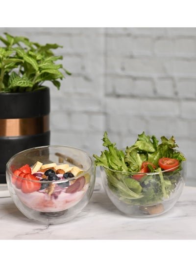 1Chase Double Wall Borosilicate Salad, Pasta, Matcha, Rice, Soup Bowl, Hot And Cold Serving Bowls, Fruit Bowls, Set of 2 (750ML)