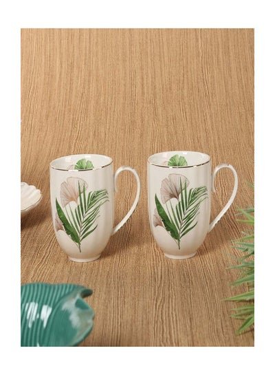homes r us Exotique Porcelain Mugs, White & Green – Set of 2, 300 ml