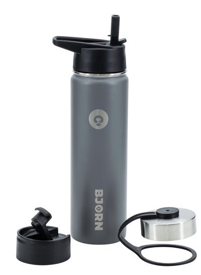 Bjorn Bjorn Sports Water Bottle – 3 Lids, Leak Proof, Vacuum Insulated Stainless Steel, Double Walled, Thermo Mug, Metal Canteen for Fitness, Gym, Exercise, Camping, Office – Grey 650ml