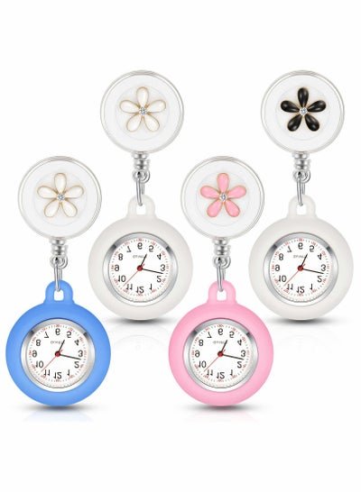 SYOSI Retractable Nurse Watches, Clip-on Hanging Fob Portable Pocket Watch with Cute Flower Pattern, Lapel Watches for Nurses Doctors with Silicone Cover